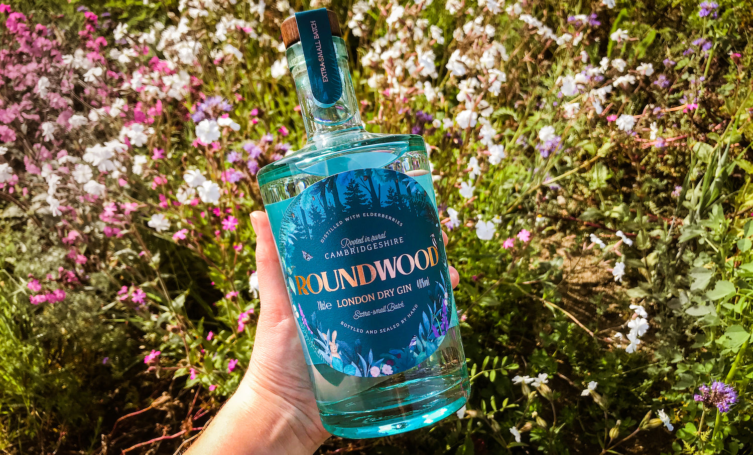 Roundwood Gin blue bottle in summer sunshine in wildflower meadow